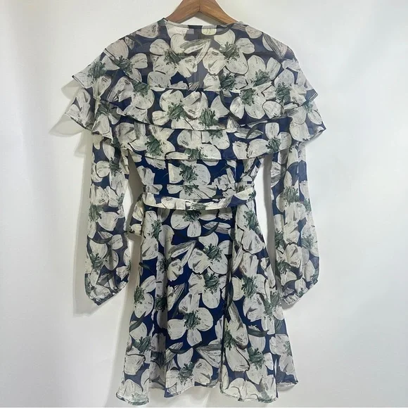 NWT Entro navy white Floral Wrap ruffle chiffon long sleeve Dress small - Picture 3 of 5